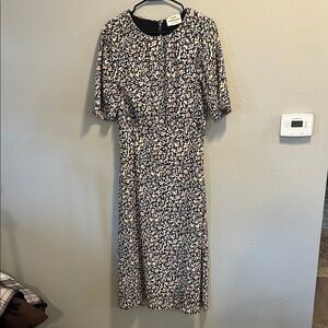 Mads Norgaard Dianna‎ Black Orange Cream Midi Dress Elbow Sleeves Leopard